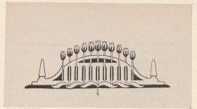 Vignette bogenförmige Architektur, zwei Obelisken und Tulpenpflanzen