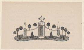 Vignette Mauerarchitektur mit Feuerschale und Obelisken, Kugelbäume und Baumkegel