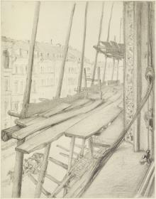 Blick aus dem Fenster auf ein Baugerüst und die Straße