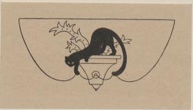 Vignette mit Katze, Pflanzenschale und Kordelband