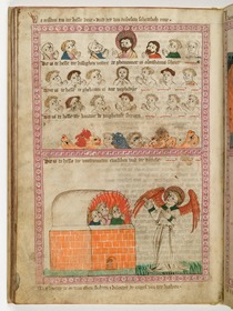 Speculum humanae Salvationis (Heilspiegel). Die vierfach gegliederte Hölle, drei Jünglinge im Feuerofen