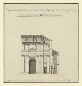 Entwurf Erweiterungsbau der Pfarrkirche von Buttigliera d'Asti, Längsschnitt durch den Chor