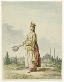 Eine Frau in türkischer Tracht vor einer Stadtansicht Konstantinopels