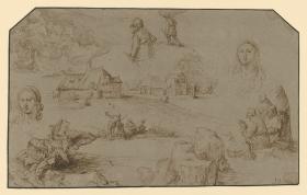 Skizzenblatt mit Landschaften und Figuren