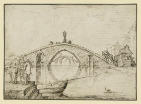 Steinbrücke, vorn links drei Schiffersleute im Gespräch