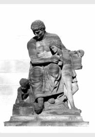 Blick auf die Plastik von Moritz Schulz "Maler mit seinem Gehilfen" an der Freitreppe der Nationalgalerie