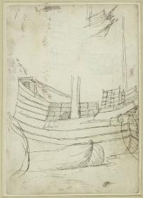 Angedocktes Schiff und Schaluppe