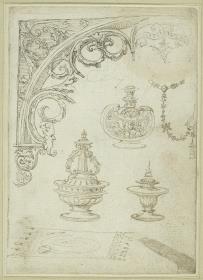 Bogenornament mit Ranken, Prunkvase, Kette, zwei Deckelvasen, eine Tapisserie (?) - Detailkopien nach Jacob Cornelisz van Oostsanens Gemälde "Porträt des Jan Gerritsz van Egmond" (1518, Paris Louvre)
