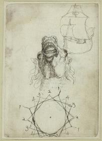 Pferdekopf mit geöffnetem Maul, von unten gesehen, Segelschiff (Studie für den Holzschnitt "Die Belagerung von Algier", 1541/42), geometrische Figuren