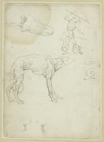Liegender und stehender Hund, der Heilige Georg kämpft gegen den Drachen, Ornament