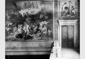 Blick auf die Wandbilder von Wilhelm von Kaulbach "Die Zerstörung Jerusalems" und "Die Geschichte" im Haupttreppenhaus des Neuen Museums