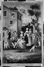Gruppenbildnis vor ländlicher Szenerie und Wohnhaus