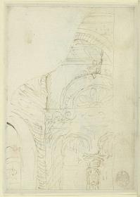 Oberer Teil eines linken Altarflügels mit architektonischem Fragment