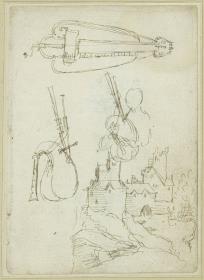 Drehleier, Dudelsack, Dudelsackspieler, eine Gruppe von Gebäuden auf einem Berg oder Felsen (wohl eine Burg) - Detailkopien nach Jacob Cornelisz van Oostsanens Allerheiligen-Triptychon (1523, Kassel, Gemäldegalerie)