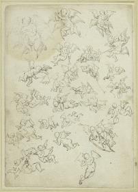 Studien zu 29 Engeln, teils Musikinstrumente haltend - Detailkopien nach Jacob Cornelisz van Oostsanens Allerheiligen-Triptychon (1523, Kassel, Gemäldegalerie)