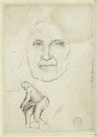 Gesicht einer alten Frau, gebückte FIgur, die einen schweren Gegenstand trägt (eine Treppe hinauf?, später hinzugefügt)
