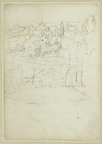 Landschaft mit Jerusalem und einer Felspartie rechts