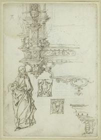 Ornamentale architektonische Konstruktion (Unterseite des linken Teils, zugehörig sind fol. 18v, 20v, 30v), stehender Mann im Mantel, zwei Kartuschen mit Engels- und Widderkopf, architektonisches Fragment (Architrav?)