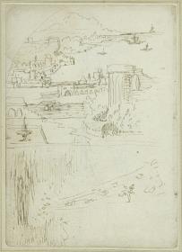 Stadtlandschaft an einer Bucht, Wasserfall