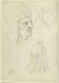 Kopf des Aaron aus dem Allerheiligentritpychon (1523, Kassel, Gemäldegalerie) von Jacob Cornelisz van Oostsanen im Profil nach rechts, der behelmte Kopf von Josua, der Heilige Franziskus