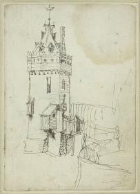 Das Stadttor Schreierstoren in Amsterdam, von der heutigen Prins Hendrikkade aus gesehen, davor eine Brücke, die auf den Turm zuführt und zwei Figuren, die an der Ufermauer lehnen (wohl Studie für die "Vogelperspektive der Stadt Amsterdam" (1538, Amsterdam Museum, Amsterdam))