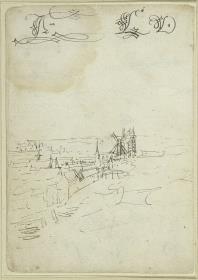 Drei typographische Studien, Ansicht von Amsterdam mit dem Stadttor Haarlemmerport (wohl Studie für die "Vogelperspektive der Stadt Amsterdam" (1538, Amsterdam Museum, Amsterdam))