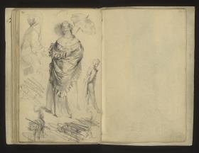 Frau mit Umhang und Sonnenschirm, gehender Mann, zwei Hundestudien (verworfen)