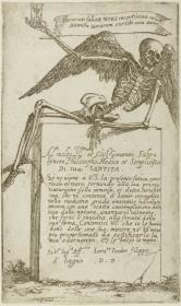 Frontispiz mit Widmung an den Linceo Johannes Faber aus Bamberg -  geflügeltes menschliches Skelett mit einer Sanduhr (der Tod), aus: (Gli Scheletri)