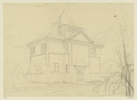 Darmstadt, Projekt dreier Hausentwürfe für die Gartenvorstadt am Hohlen Weg, zweieinhalbgeschossiges Haus, Perspektive