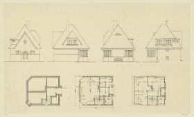 Darmstadt, Projekt dreier Hausentwürfe für die Gartenvorstadt am Hohlen Weg, eineinhalbgeschossiges Haus, vier Aufrisse und drei Grundrisse