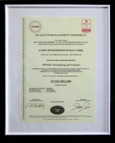 Qualitätsmanagment Zertifikat für die Firma Aydin Dönerproduktion GmbH