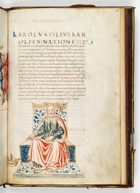 Textseite mit thronendem König. Theloforus, Epistola ad Antonium Januensem ducem