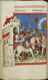 Toggenburg-Bibel. Josua und die zwölf Fürsten in Israel reiten aus den Toren einer Stadt