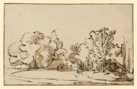 Landschaft mit zwei Hütten zwischen Bäumen