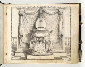 Das Chambrésche Wappen zwischen Adlern in einem Sockel, auf dem eine bekränzte Laute vor einem sternenbesäten Vorhang steht