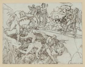 Illustration zur "Göttlichen Komödie", Inferno XXI: Dämonen verstellen Dante und Vergil den Weg