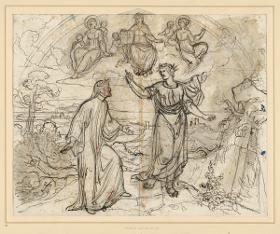 Illustration zur "Göttlichen Komödie", Inferno II: Vergil weist den vor der Reise zagenden Dante auf die drei Frauen: Madonna, Beatrice und Hl. Lucia