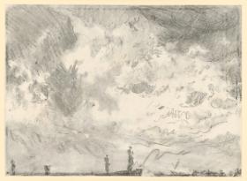 Wolkenstudie. Bewegter hoher Himmel über figuren- und vasenbestandener Dachkante
