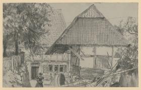 Hof eines Bauernhauses mit Scheune und figürlicher Staffage