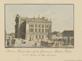 Das neue Schauspielhaus auf den Gendarmenmarkt von der Charlotten und Mohrenstraße aus