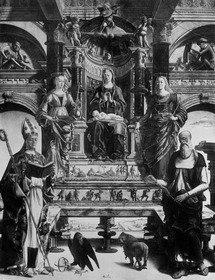 Thronende Madonna mit dem schlafenden Kind und vier Heiligen