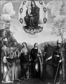 Maria mit dem Kind in der Glorie von sechs Heiligen verehrt