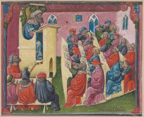 Aristoteles hält eine Vorlesung vor Studenten (Ausschnitt aus einem "liber ethicorum" des Frater Henricus de Alemannia)