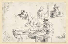 Vier Steinmetzen bei der Arbeit und Details