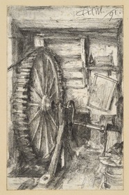 Zahnrad mit Kurbel und aufgelegtem Riemen im Innenraum