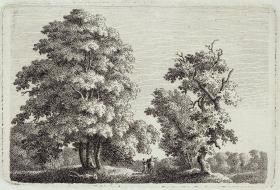 Landschaft mit zwei großen Bäumen und Reiter