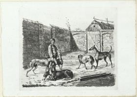 Hofraum, darin Junge mit Hunden