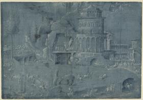 Landschaft mit phantastischem Turm und Reitern