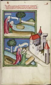 Toggenburg-Bibel. Aussetzung und Findung des Moses in zwei Feldern übereinander