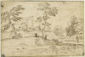 Landschaft mit Hirte, Schafherde, Dorf und Turmruine